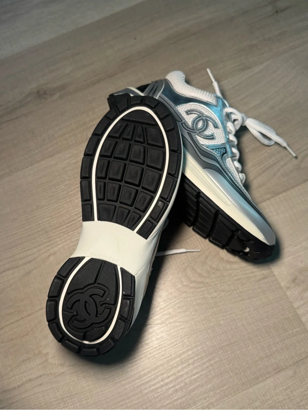CHANEL Metallic Blue and White CC Logo Racing Sneakers